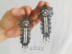 Vtg Oaxacan Filigree Earrings With Pearl. Sterling Silver. Mexico. Frida Kahlo