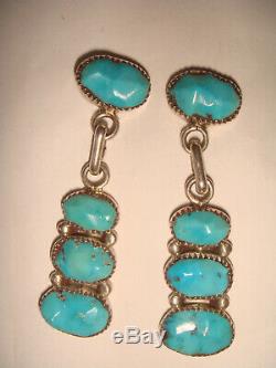 Vtg. Old Pawn Navajo 1 3/4 Sterling Silver Carved Turquoise Drop Earrings Rld
