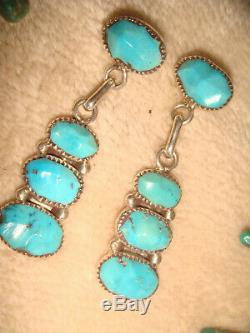 Vtg. Old Pawn Navajo 1 3/4 Sterling Silver Carved Turquoise Drop Earrings Rld