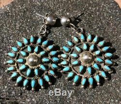 Vtg Old Pawn ZUNI Sterling Silver TURQUOISE Needlepoint Cluster Dangle EARRINGS