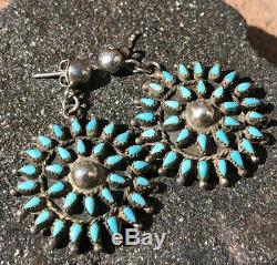 Vtg Old Pawn ZUNI Sterling Silver TURQUOISE Needlepoint Cluster Dangle EARRINGS