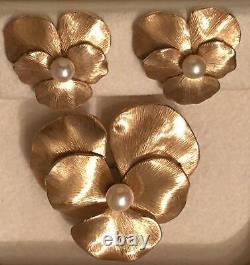 Vtg Pansy Krementz 10K Gold Sterling Silver Pearl Brooch Pin Pendant Earrings