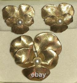 Vtg Pansy Krementz 10K Gold Sterling Silver Pearl Brooch Pin Pendant Earrings