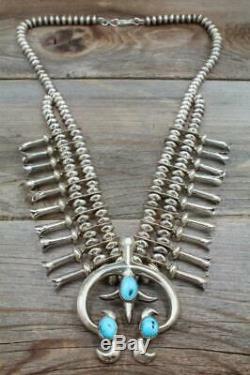 Vtg Pawn Navajo Sterling Sand Cast Turquoise Squash Blossom Necklace & Earrings