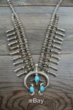Vtg Pawn Navajo Sterling Sand Cast Turquoise Squash Blossom Necklace & Earrings