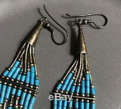 Vtg Southwest 925 Liquid Sterling Silver Long Dangle Turquoise Heishi Earrings