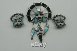 Vtg Sterling Inlay Turquoise Zuni Necklace Earrings Set Signed R. L