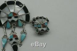 Vtg Sterling Inlay Turquoise Zuni Necklace Earrings Set Signed R. L