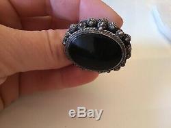 Vtg Sterling Silver 925 Black Onxy Poison Ring Taxco Large Stone Ornate