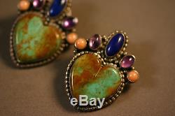 Vtg Sterling Silver Designer Turquoise Heart Earrings with Lapis, Amethyst, Coral