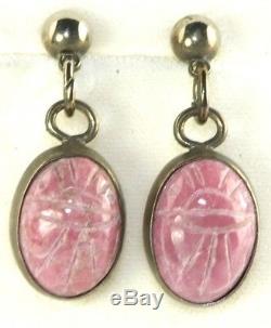 Vtg Sterling Silver Rhodochrosite Scarab Dangling Earrings