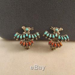 Vtg Sw Turquoise & Coral Pettit Point Thunderbird Earrings Sterling