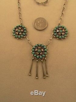 Vtg Sw Zuni Turquoise Cluster Necklace Earrings Sterling Vr-new Price