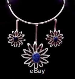Vtg Taxco Mexican Sterling Silver Blue Stone Flower Necklace Earrings Set 23437