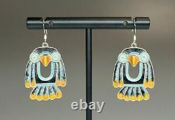 Vtg Thousand Flowers Owl Crow Bird Earrings Vermeil Sterling Cloisonne 1 5/8