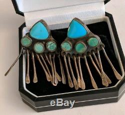 Vtg Turquoise Sterling Silver MCM Cluster Chandelier Earrings Navajo or Zuni