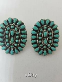 Vtg Zuni/ Navajo Oval Earrings-Sterling/Turquoise-MB-Mathilda Benally-66 stones