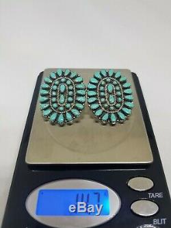 Vtg Zuni/ Navajo Oval Earrings-Sterling/Turquoise-MB-Mathilda Benally-66 stones