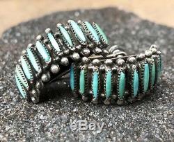 Vtg Zuni Petit Needle Point Turquoise Sterling Silver Hoop Earrings