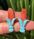Vtg Zuni Sterling Silver Carved Turquoise Spiny Oyster Shell Corn Stalk Earrings