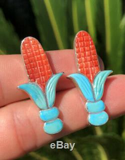 Vtg Zuni Sterling Silver Carved Turquoise Spiny Oyster Shell Corn Stalk Earrings