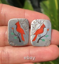 Vtg Zuni Sterling Silver Henry & Linda Barber Inlay Cardinal Bird Post Earrings