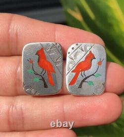 Vtg Zuni Sterling Silver Henry & Linda Barber Inlay Cardinal Bird Post Earrings