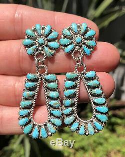 Vtg Zuni Sterling Silver Needlepoint Petit Point Turquoise Cluster Earrings 2.5