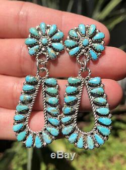 Vtg Zuni Sterling Silver Needlepoint Petit Point Turquoise Cluster Earrings 2.5