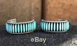 Vtg Zuni Sterling Silver Sleeping Beauty Needlepoint Turquoise 1 Hoop Earrings
