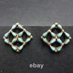 WEE Old Pawn ZUNI TURQUOISE NeedlePoint Sterling Silver EARRINGS Vintage Clip-On