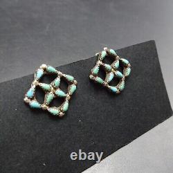 WEE Old Pawn ZUNI TURQUOISE NeedlePoint Sterling Silver EARRINGS Vintage Clip-On