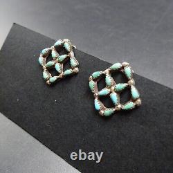 WEE Old Pawn ZUNI TURQUOISE NeedlePoint Sterling Silver EARRINGS Vintage Clip-On