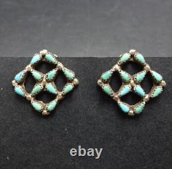 WEE Old Pawn ZUNI TURQUOISE NeedlePoint Sterling Silver EARRINGS Vintage Clip-On