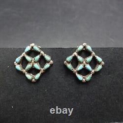 WEE Old Pawn ZUNI TURQUOISE NeedlePoint Sterling Silver EARRINGS Vintage Clip-On