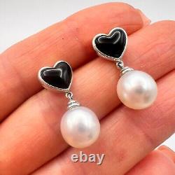 Women Earrings Jewelry Vintage Sterling Silver 925 Hearts Style Pearl Onyx Stone