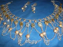 Wow Vintage Sterling Silver &genuine Pearls & Crystals Necklace Earrings Set