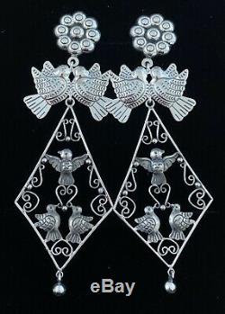 XL Large Long Mexican Vintage Style Sterling Silver Love Birds Frida Earrings