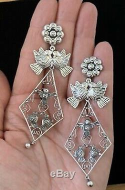XL Large Long Mexican Vintage Style Sterling Silver Love Birds Frida Earrings