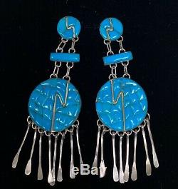 XL Long Vintage Zuni Sterling Silver Turquoise Inlay Earrings