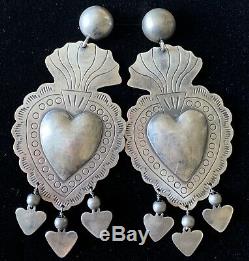 XXL Large Vintage Style Mexican Sterling Silver Heart Milagro Charm Earrings