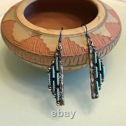 Zuni Native Turquoise Sterling Silver 925 Dangle Earrings Vintage