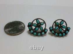 Zuni Sterling Silver Turquoise Petit Point Snake Eye Vintage Old Earrings Pair